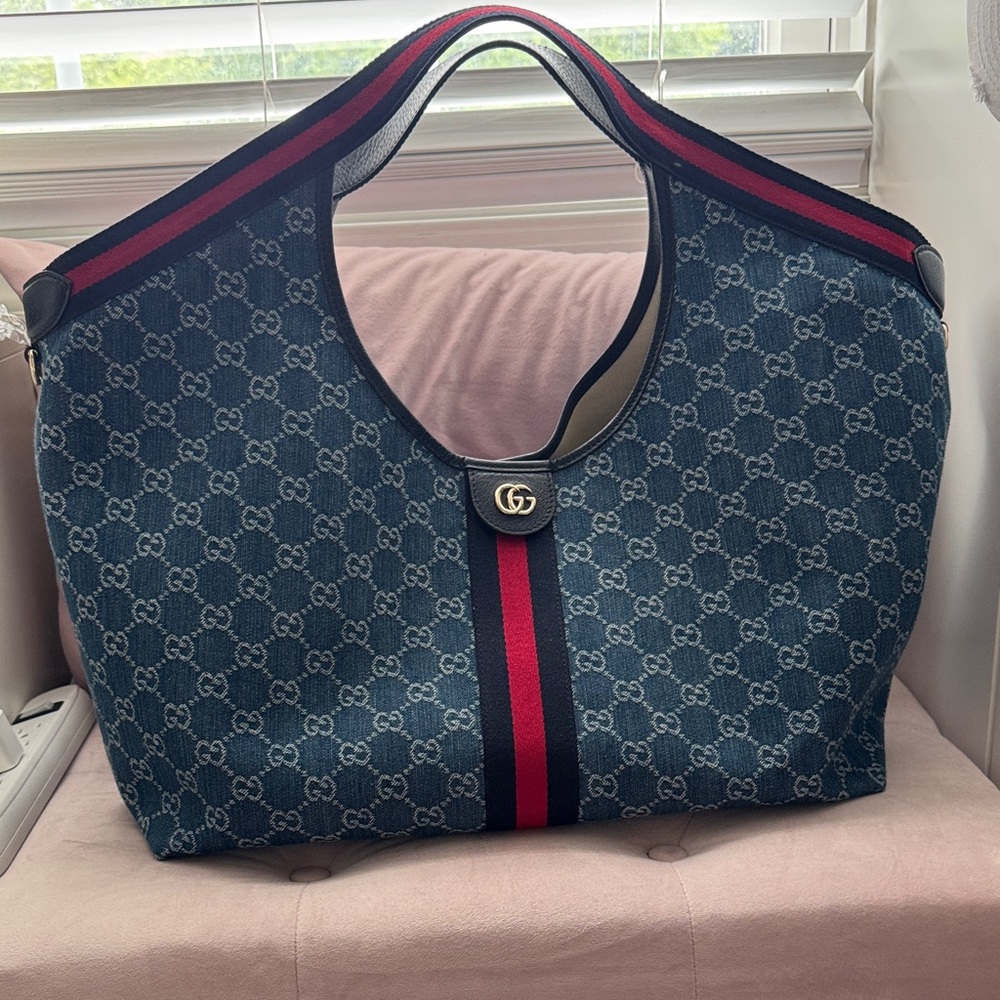 Blue Denim Shoulder Tote with Red and Navy Stripe